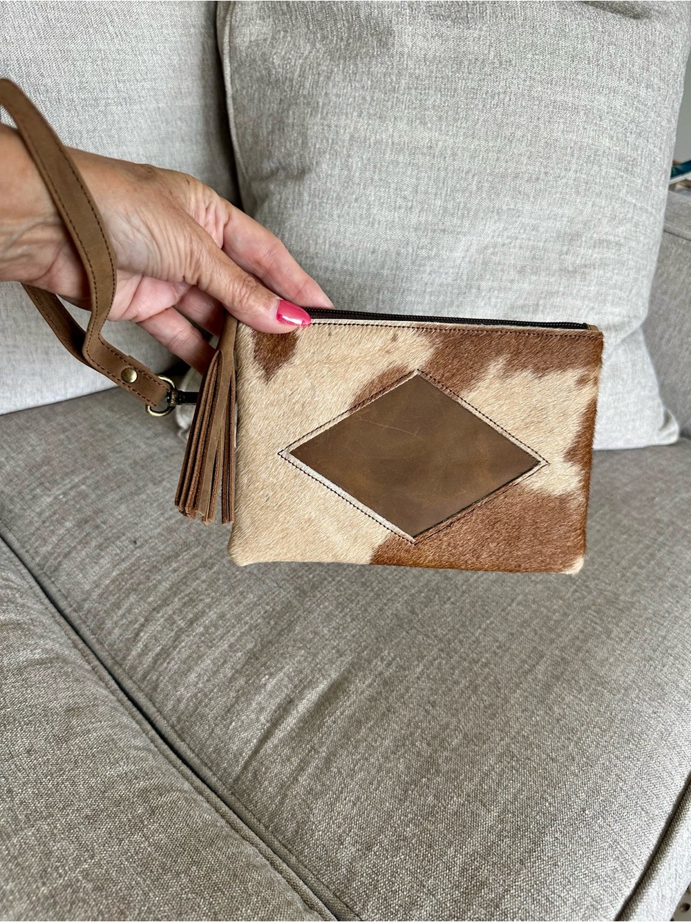 Wristlet Clutch in Brown & Cream with Leather Accent